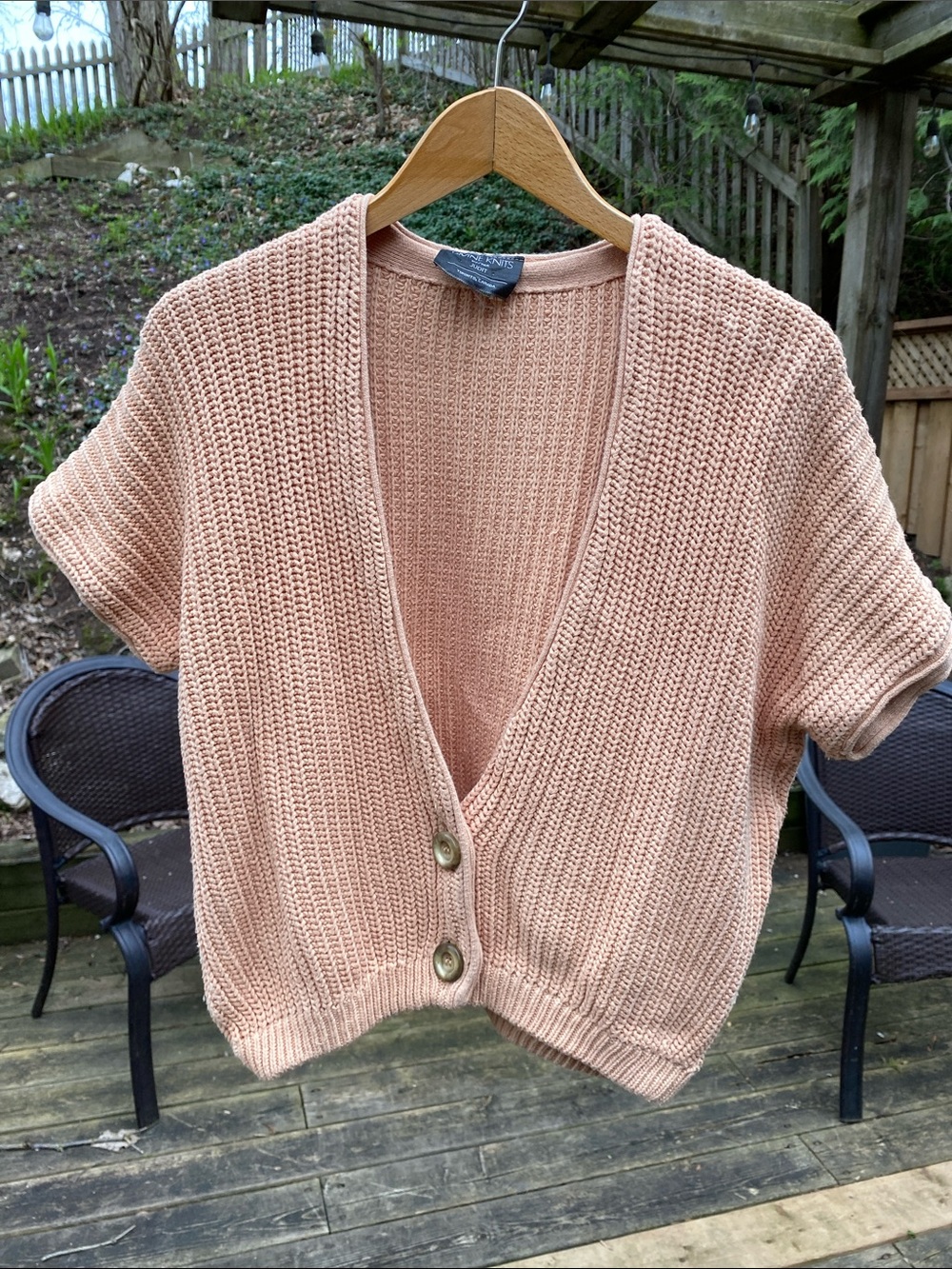 Light Peach Short-Sleeve 100% Cotton Knit Cardigan Sweater